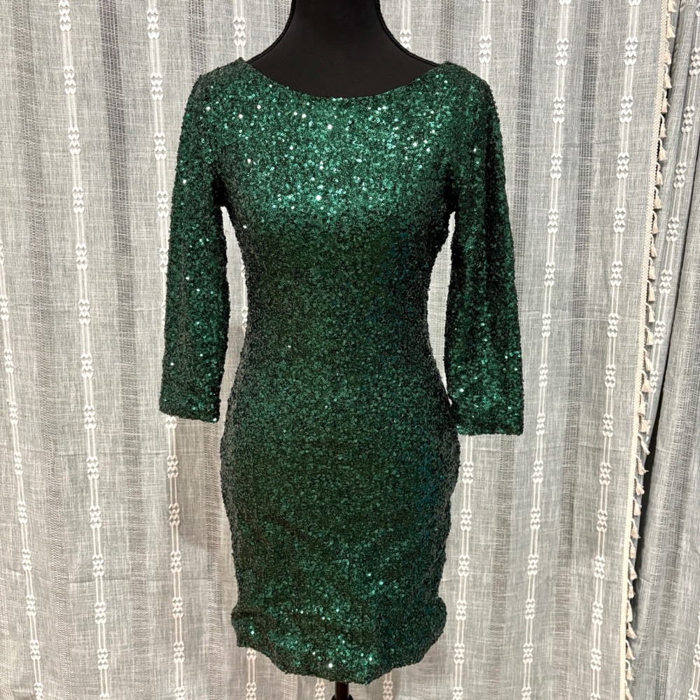Gianni Bini‎ Emerald Green Sequin Long Sleeve Dress Mini Short